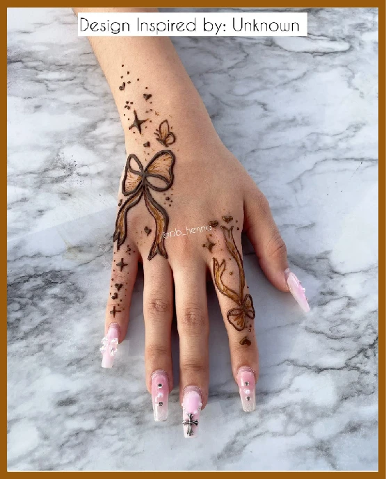 Long Trail Khafif Back Hand Bow Style Design Khafif (Minimal) Back Hand Mehndi Design